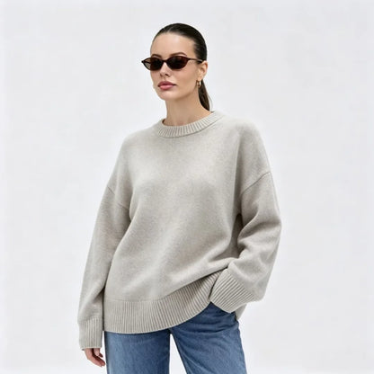 Damen Oversize Pullover Rundhals Rippstrickbündchen Lange Ärmel
