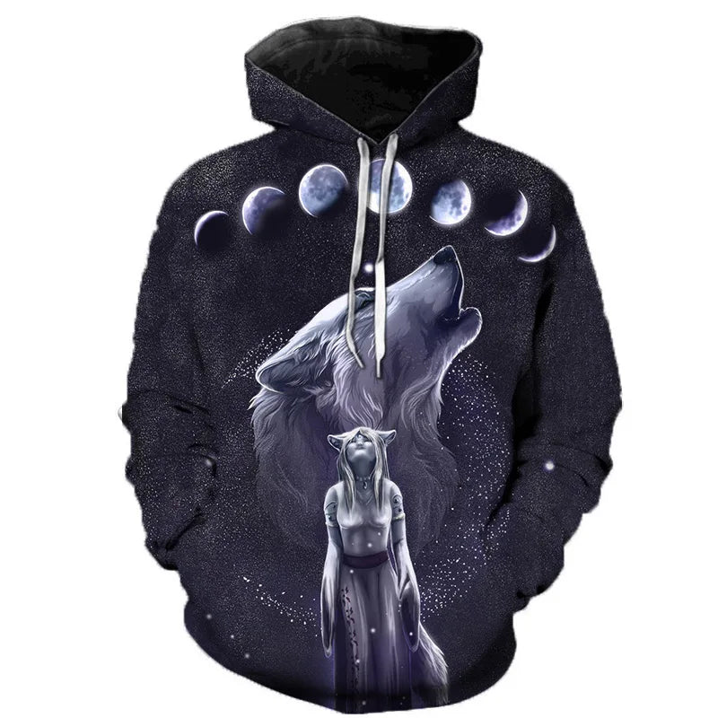 Hoodie mit Wolf-Motiv, bunte Grafik, Kapuzenpullover