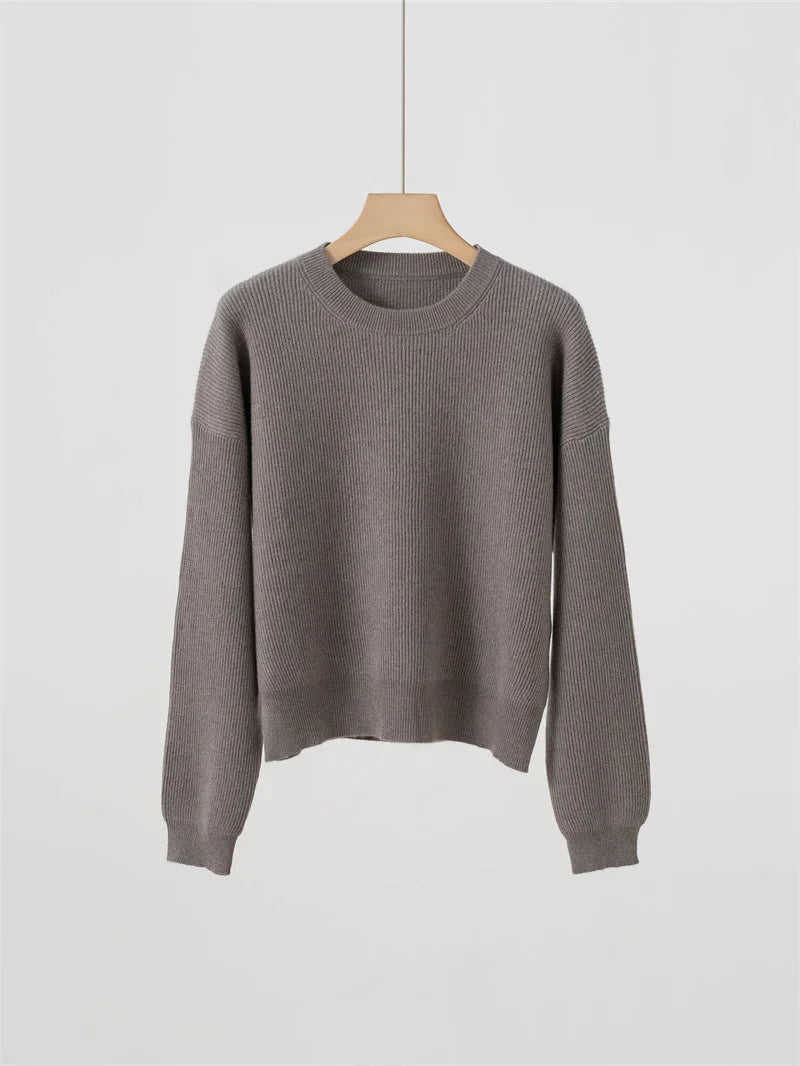 Damen Rundhals Pullover Strickpullover Gerippt Langarm Basic Oberteil