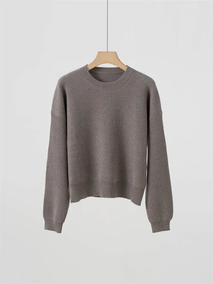 Damen Rundhals Pullover Strickpullover Gerippt Langarm Basic Oberteil