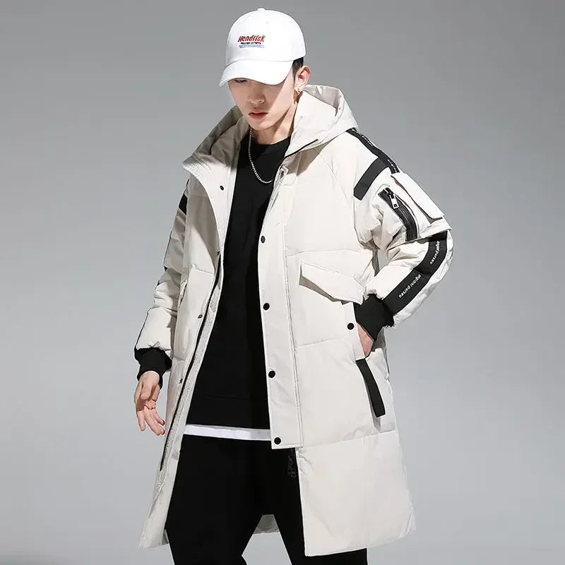 Herren Winter Steppmantel Lang mit Kapuze und Reißverschluss