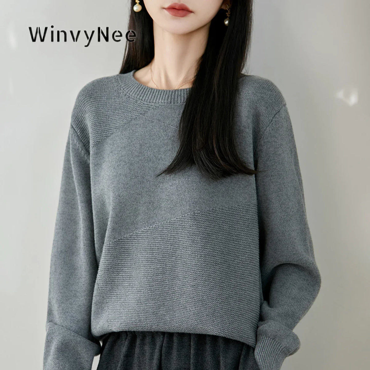 Damen Pullover Rundhals Langarm Strickpullover mit Textur