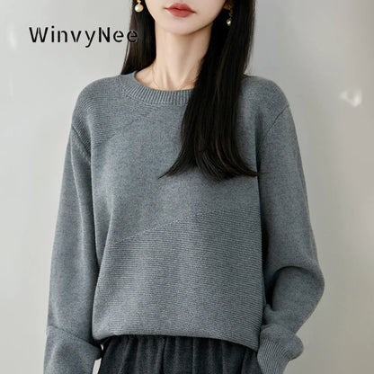 Damen Pullover Rundhals Langarm Strickpullover mit Textur