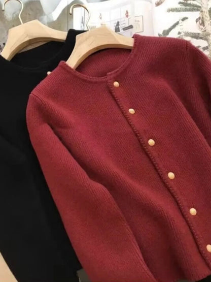 Damen Cardigan Rundhals Goldknöpfe Langarm Strickjacke