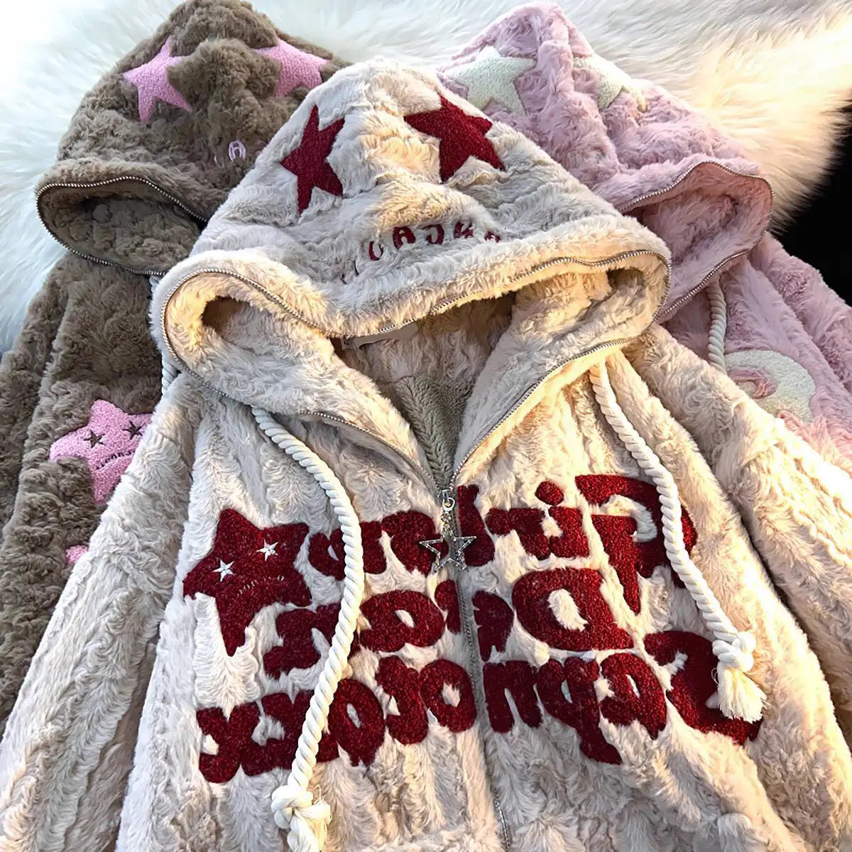 Unisex Teddy-Fleece Kapuzenjacke mit Reißverschluss und Sternenmuster