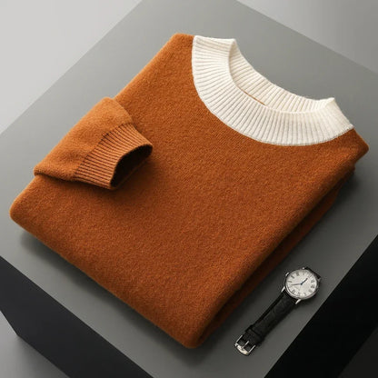 Herren Pullover Strick Rundhals Karamellbraun mit weißen Streifen
