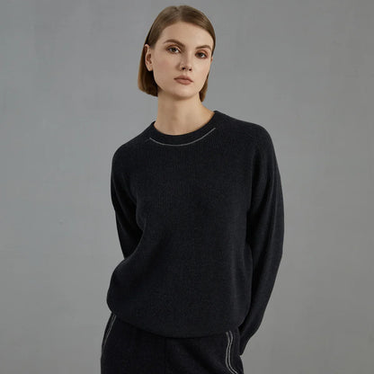 Damen Rundhals Pullover Gerippt mit Ziernaht