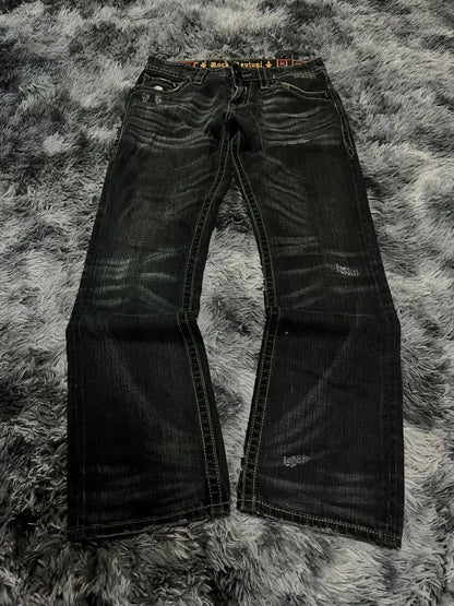 Damen Jeans Schwarz Bootcut Used-Look mit Ketten-Detail