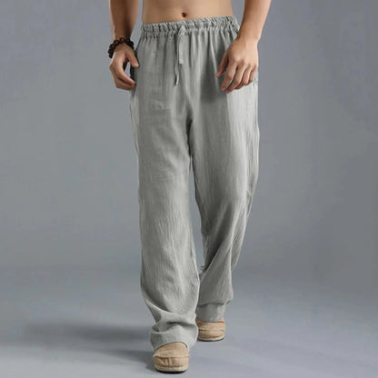 Unisex Leinenhose Weites Bein Beige Elastischer Bund