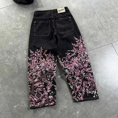 Loose Fit Jeans Damen Weite Bein Sakura-Stickerei Zerrissenes Design