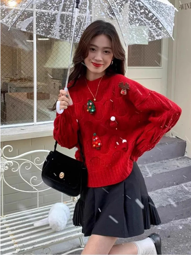 Damen Weihnachtspullover mit Zopfmuster & festlichen Applikationen – Weihnachten Strickpullover