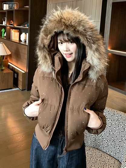 Damen Steppjacke mit Fellkapuze Glitzer-Details Winterjacke