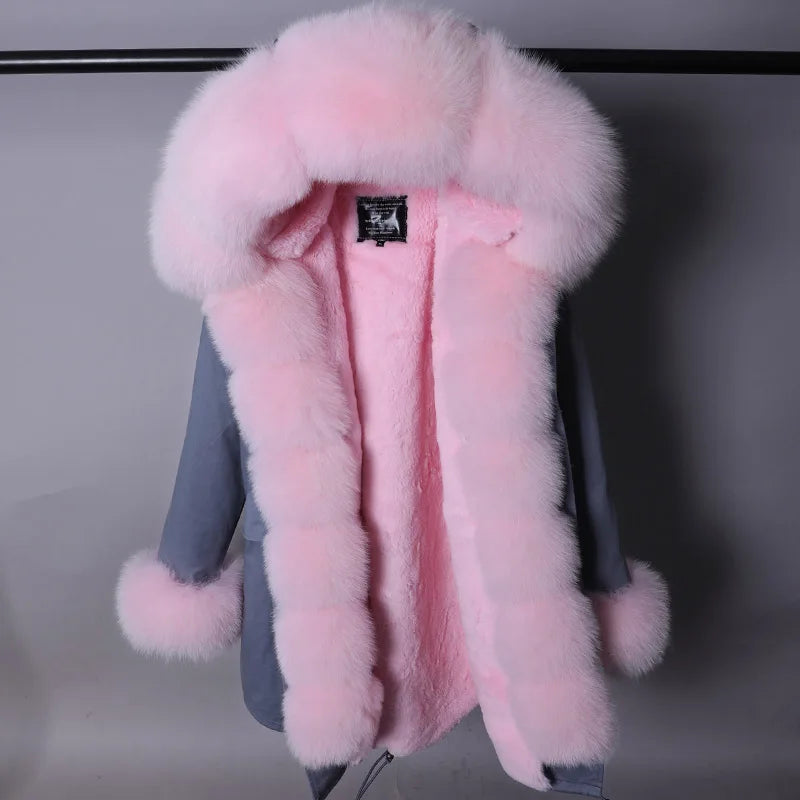 Damen Winterparka mit Kapuze & Pelzimitat-Futter in Rosa