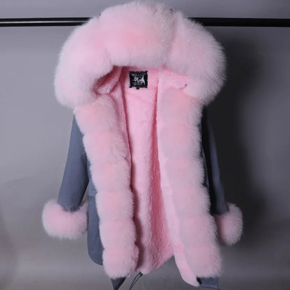 Damen Winterparka mit Kapuze & Pelzimitat-Futter in Rosa