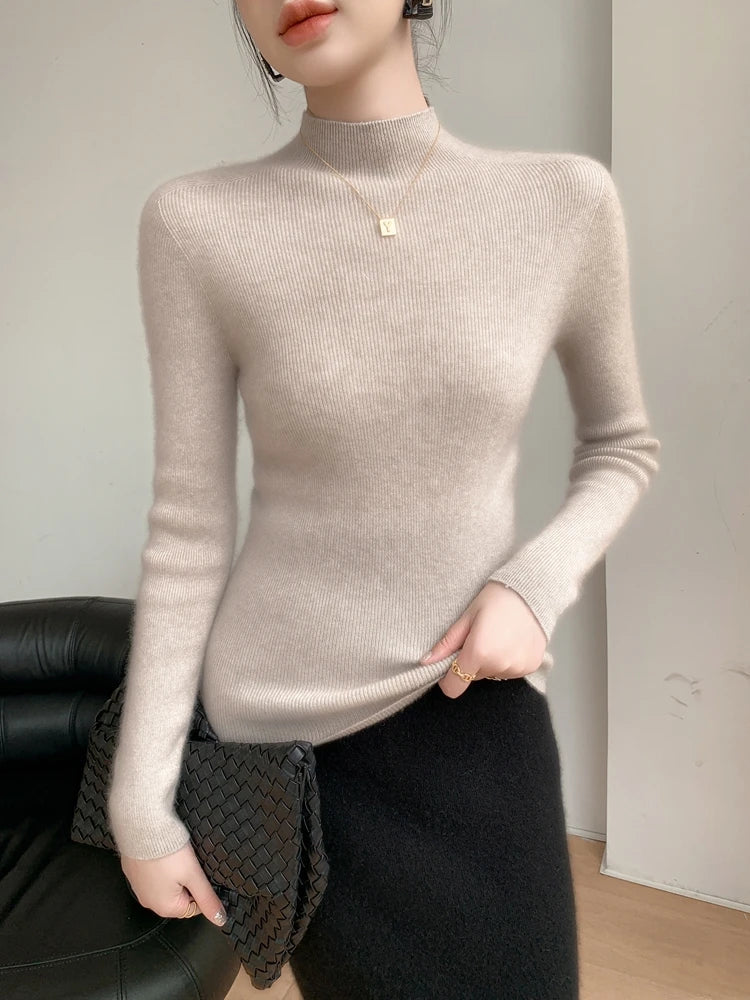 Damen Rollkragenpullover Gerippt Feinstrick Langarmshirt – Cremeweiß