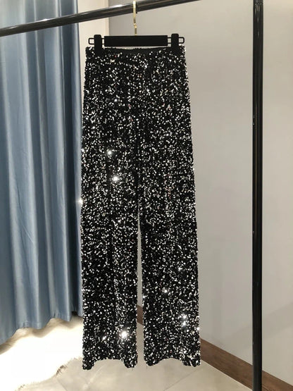 Damen Pailletten Hose Weites Bein – Glitzernde Freizeithose mit Elastischem Bund