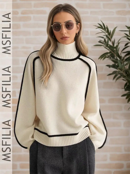 Damen Rollkragenpullover mit Kontrastbesatz