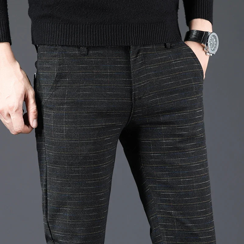 Herren Hose Grau Kariert Slim Fit Stoffhose