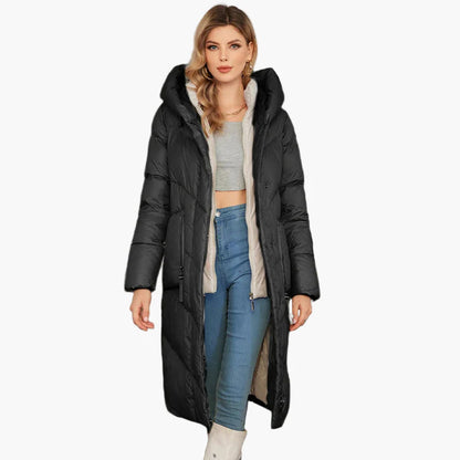 Damen Winter Steppmantel mit Kapuze, langer Daunenstil, modisch und warm für Alltag & Freizeit