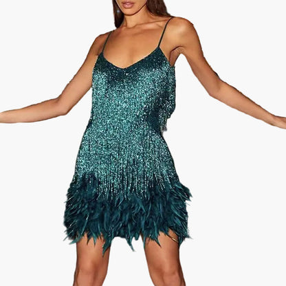 Damen Cocktailkleid mit Federn – Elegantes Party- und Eventkleid im Glamour-Stil