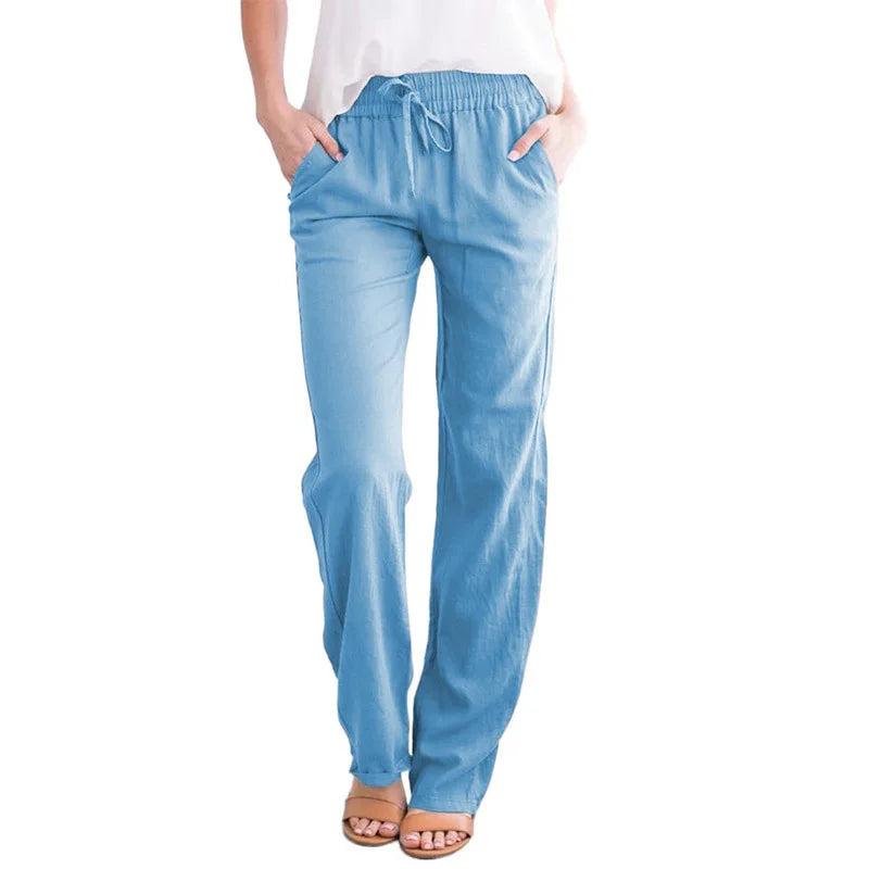 Damen Freizeithose mit weitem Bein und Kordelzug, Leinen-Look, Elastischer Bund