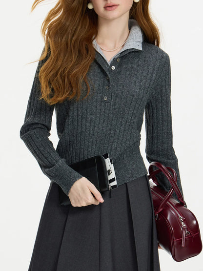 Gerippter Damen Pullover mit Polokragen Langarm Strickpullover