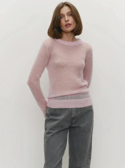 Damen Pullover leicht transparent Rundhals Strick Langarm
