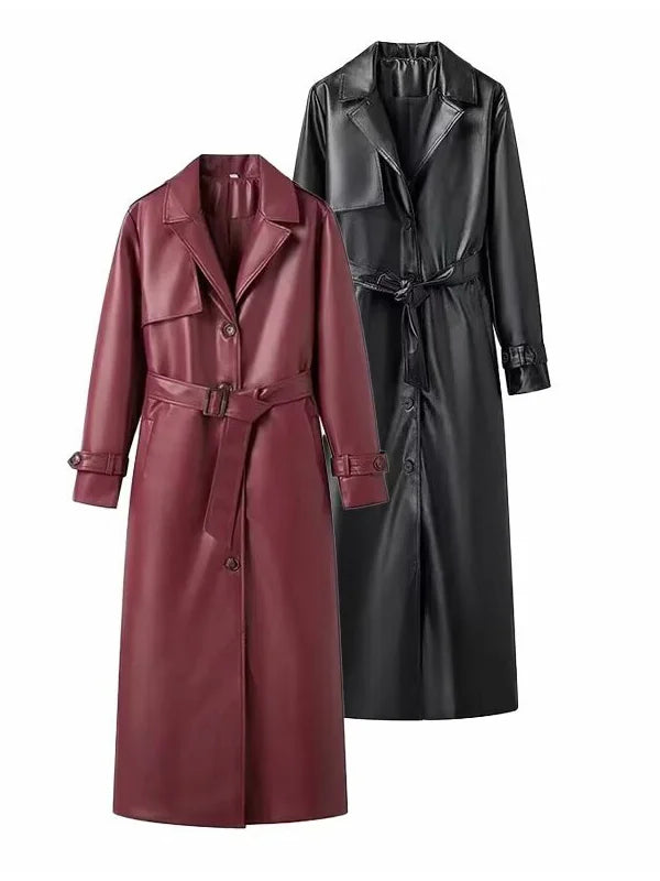 Trenchcoat Damen Lang Kunstleder Glänzend mit Gürtel