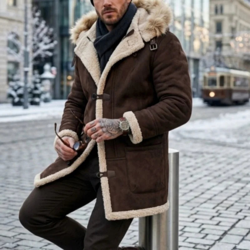 Herren Winterjacke mit Kapuze Pelzimitat Futter Lang Wintermantel Grau
