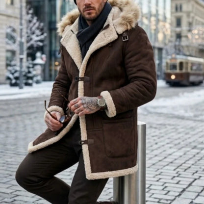 Herren Winterjacke mit Kapuze Pelzimitat Futter Lang Wintermantel Grau
