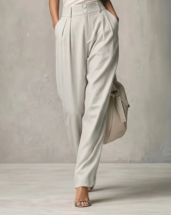 Damen Stoffhose Beige mit hohem Bund und Bundfalten