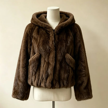 Kurze Damen Kunstpelzjacke mit Kapuze, Dunkelbraun