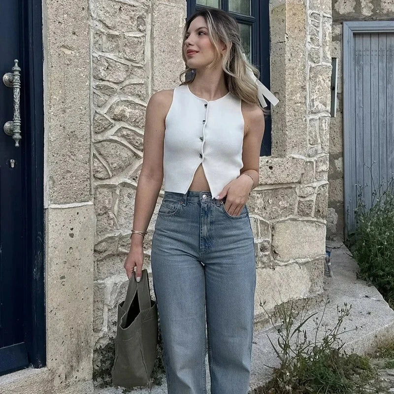 Damen Strick Crop Top Weste mit Knopfleiste Ärmellos Rundhals