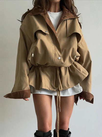 Damen Oversize Jacke mit Kordelzug Trenchcoat Style Khaki