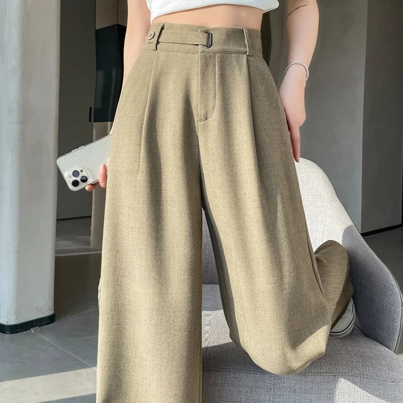 Damen Weite Hose Hoher Bund Elegant mit Falten Beige