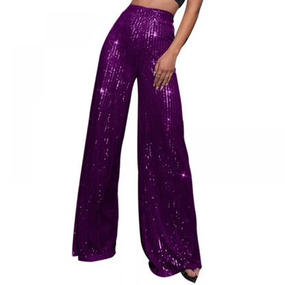 Damen Pailletten Weite Hose mit Hohem Bund Glamourös Glänzend Violett