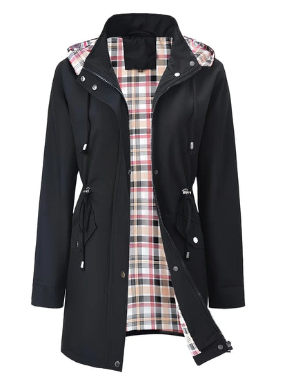 Schwarze Damen Regenjacke mit Kapuze und Karofutter