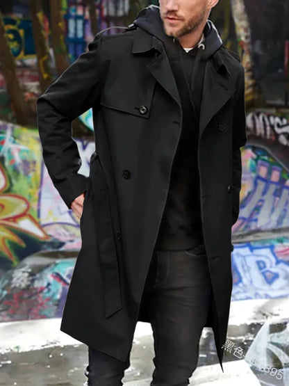 Herren Trenchcoat Doppelreihig Revers Langarm Gürtel Knöpfe