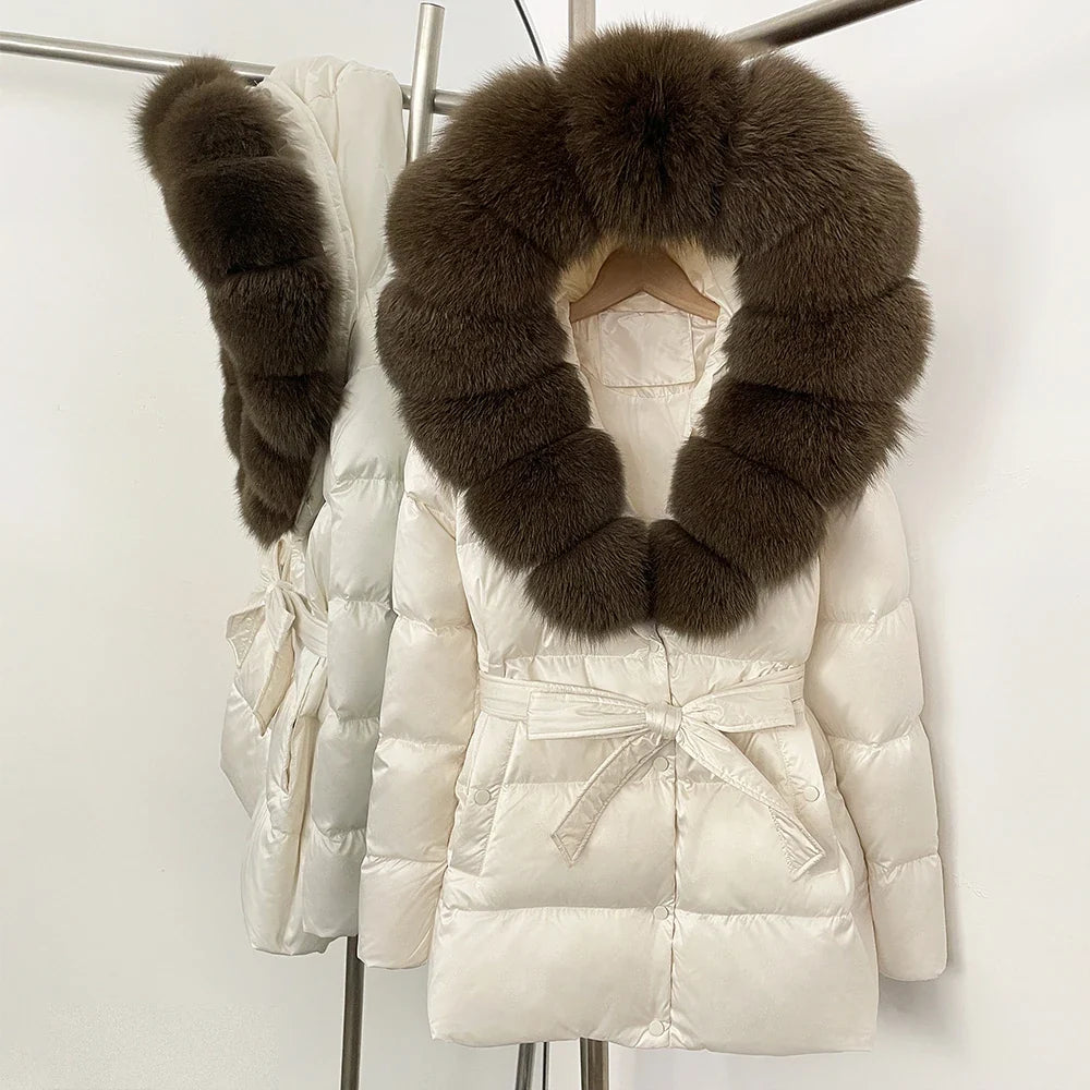 Damen Winter Steppjacke mit Kunstpelzkragen und Gürtel