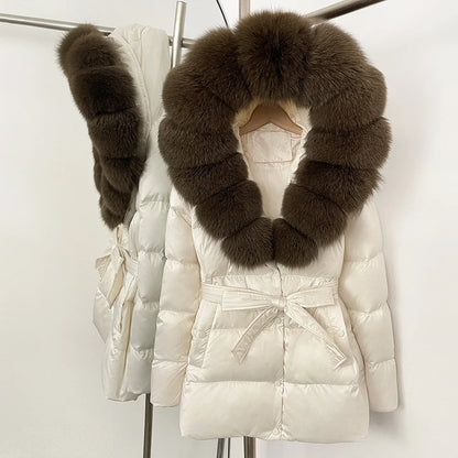 Damen Winter Steppjacke mit Kunstpelzkragen und Gürtel