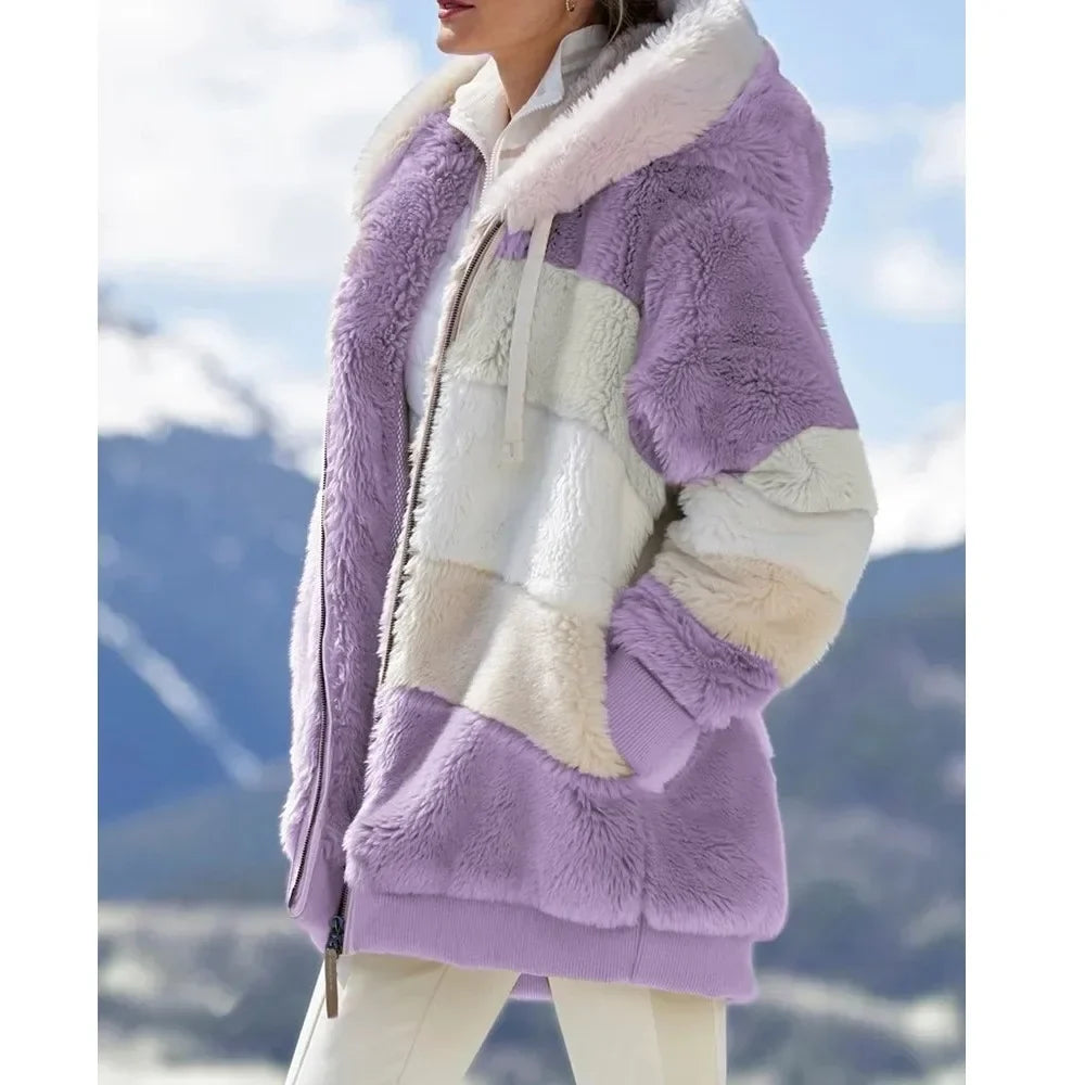 Damen Teddyfell Jacke mit Kapuze Reißverschluss Mehrfarbig Blockstreifen Winter