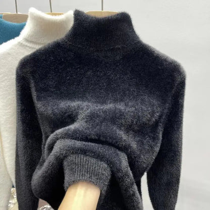 Damen Rollkragenpullover Plüsch Langarm Strickpullover Fluffy Winterpullover