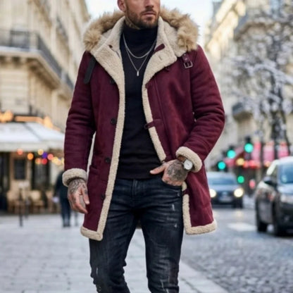 Herren Winterjacke mit Kapuze Pelzimitat Futter Lang Wintermantel Grau