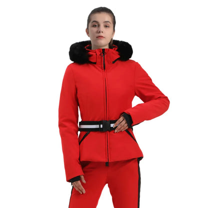 Damen Skijacke mit Kunstfellkapuze & Gürtel, Schwarz-Beige Hahnentritt
