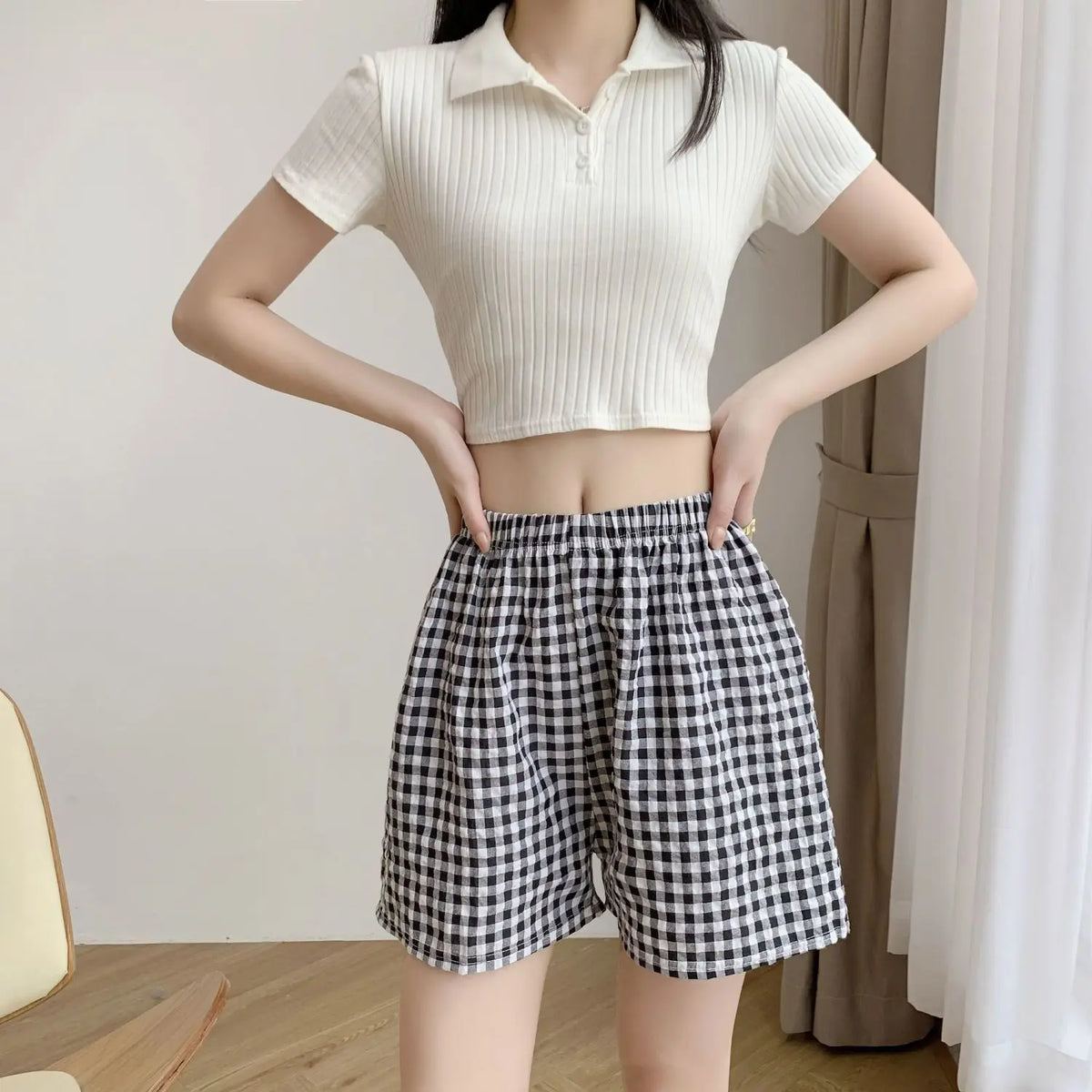 Damen Shorts Karo Muster Elastischer Bund Bequemer Schnitt