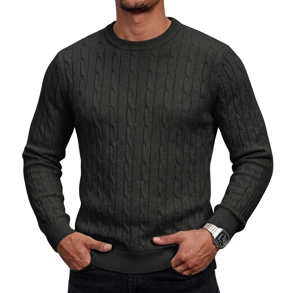 Herren Zopfmuster Pullover Rundhals Langarm Strickpullover Rippbündchen Slim Fit