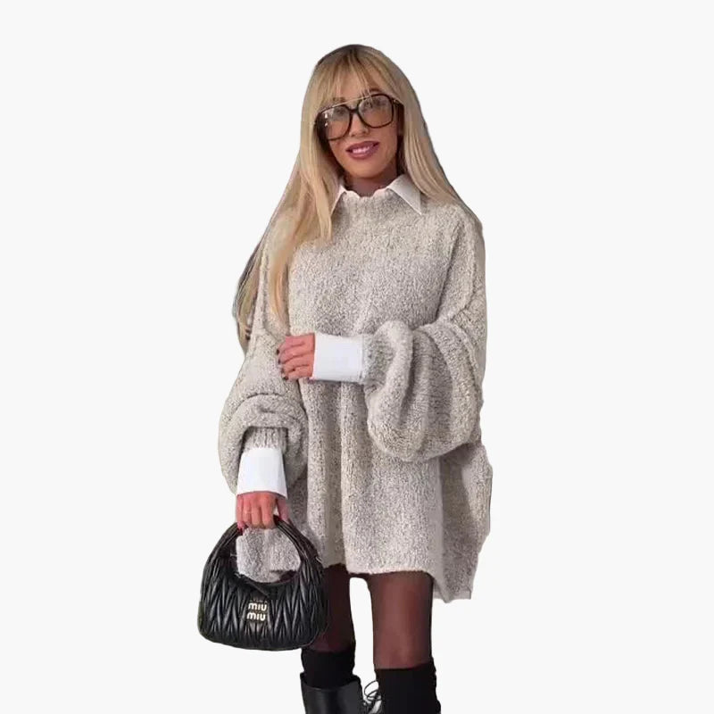 Damen Oversize Pulloverkleid mit Ballonärmeln – Modisches Strickkleid für Herbst und Winter