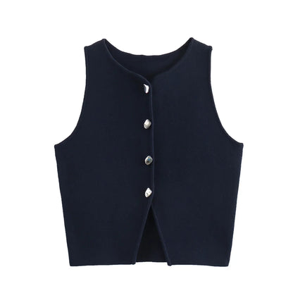 Damen Strick Crop Top Weste mit Knopfleiste Ärmellos Rundhals