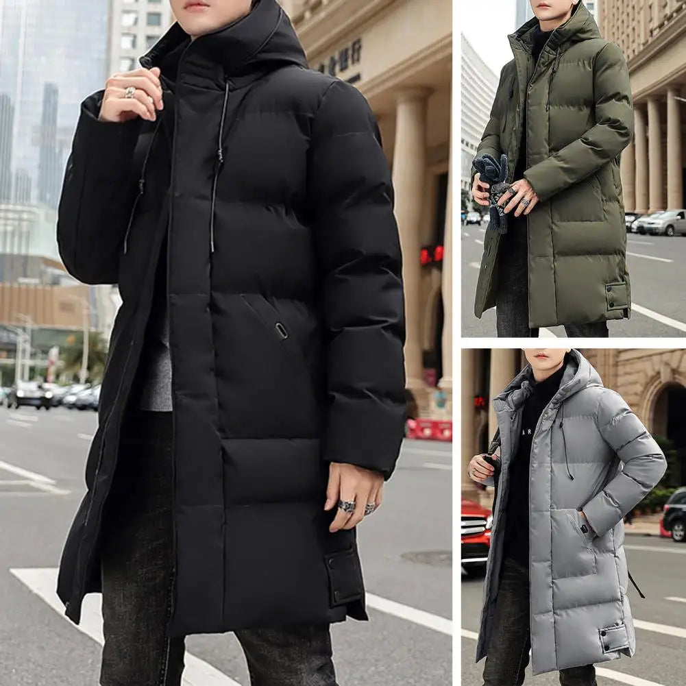 Herren Daunenparka Winterjacke mit Kapuze Stehkragen Lang Schwarz