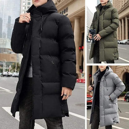 Herren Daunenparka Winterjacke mit Kapuze Stehkragen Lang Schwarz